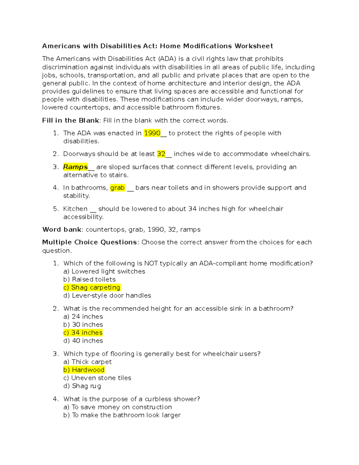 ADA Home Modifications Worksheet for Accessibility Standards - Studocu