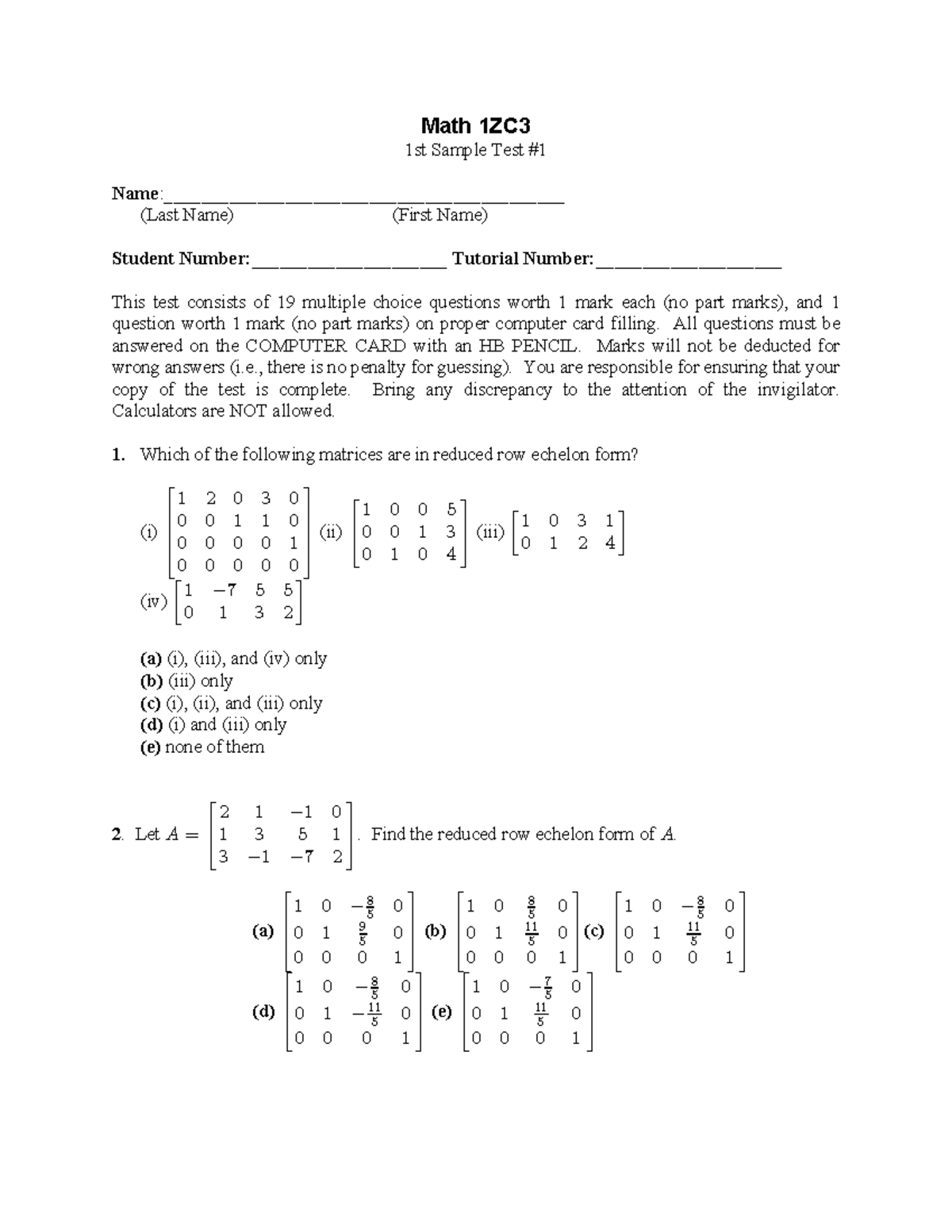 Math 1ZC - Sample Test 1 for Midterm Exam Preparation - Studocu