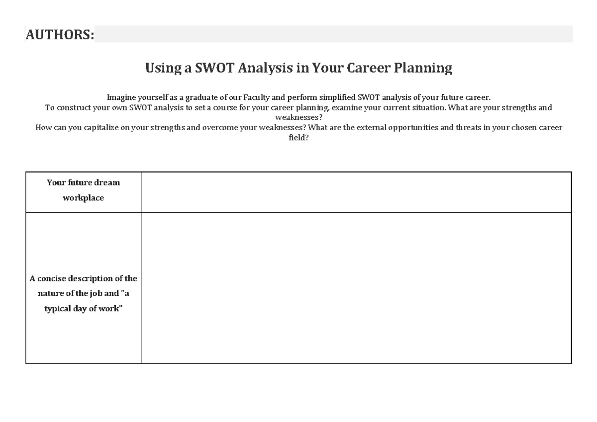 Management Planning: SWOT Analysis for Career Planning - Studocu