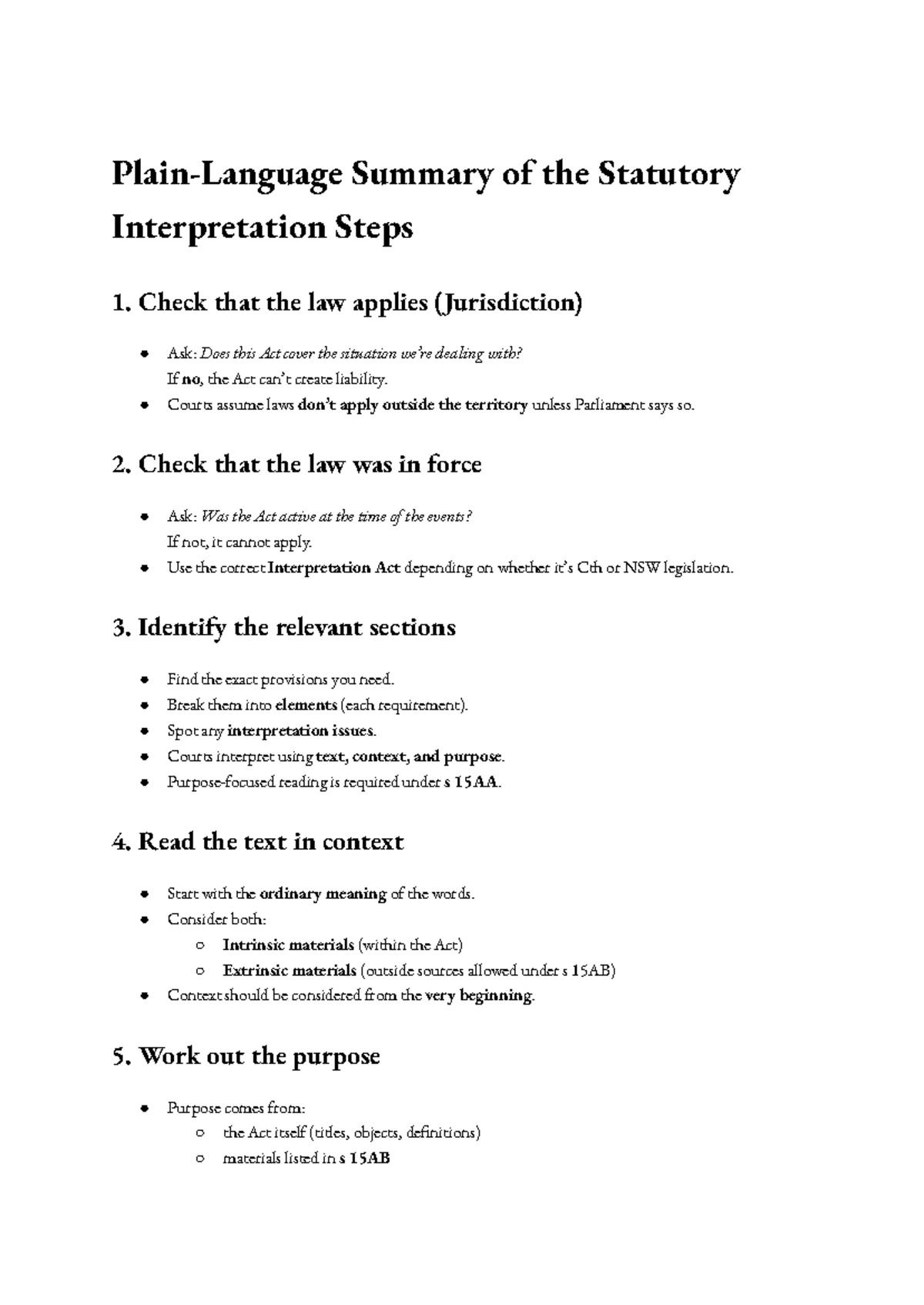 Statutory Interpretation Steps Summary (Law 101) - Studocu
