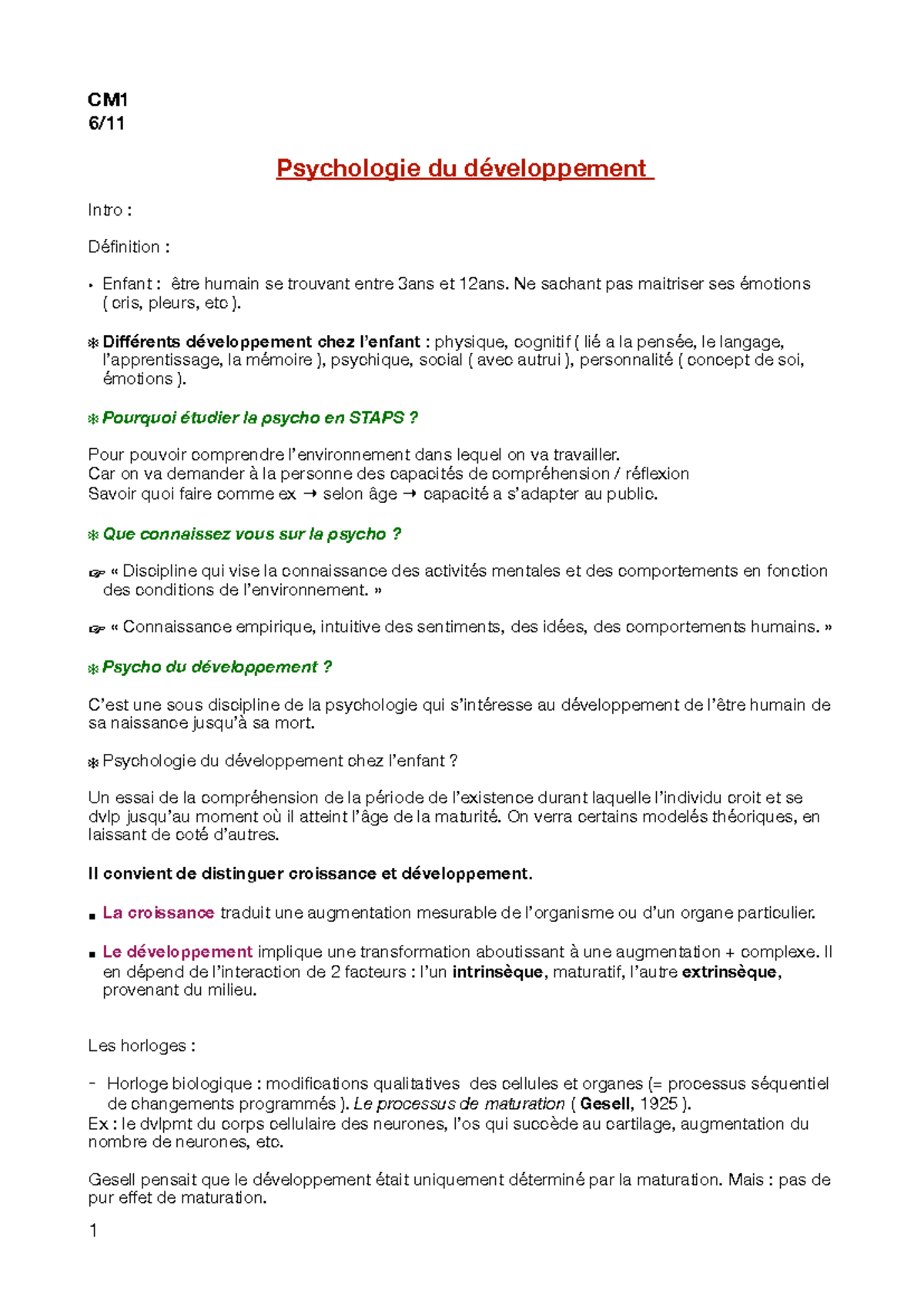 Intro à la psycho du développement - CM1 Psychologie du Intro ...