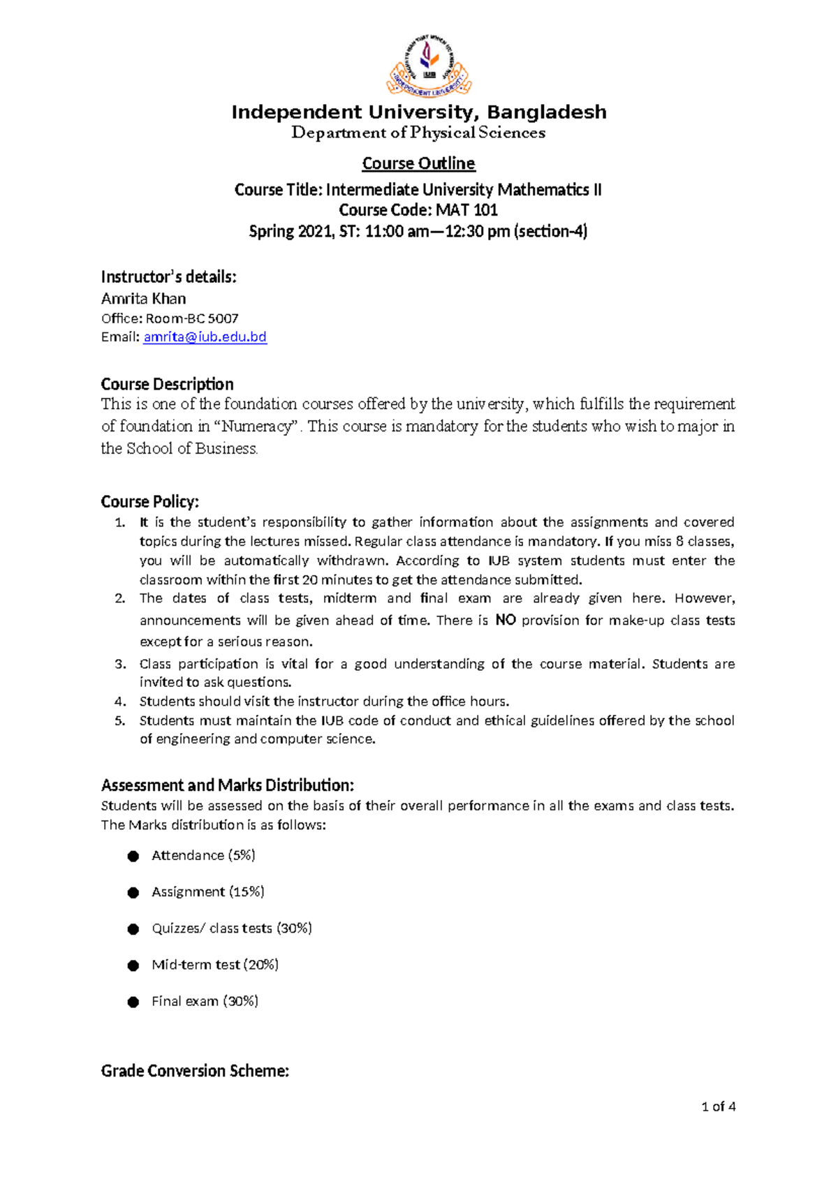 Course Outline: MAT 101 - Intermediate University Mathematics II - Studocu
