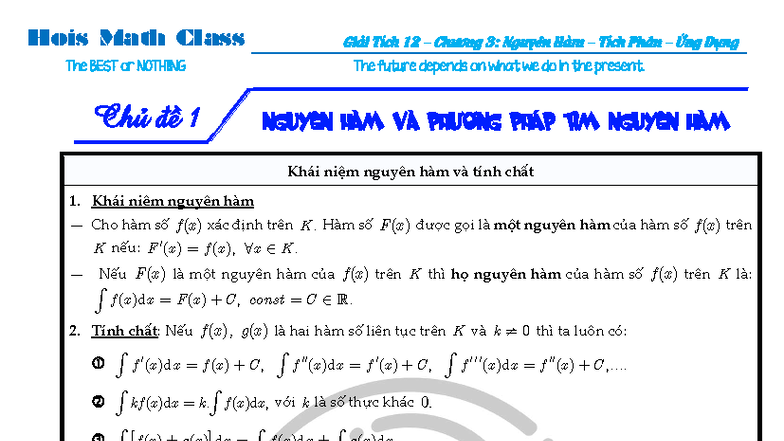 Hois Math Class Nguyên Hàm và Tính Chất - Phần 1 - Studocu