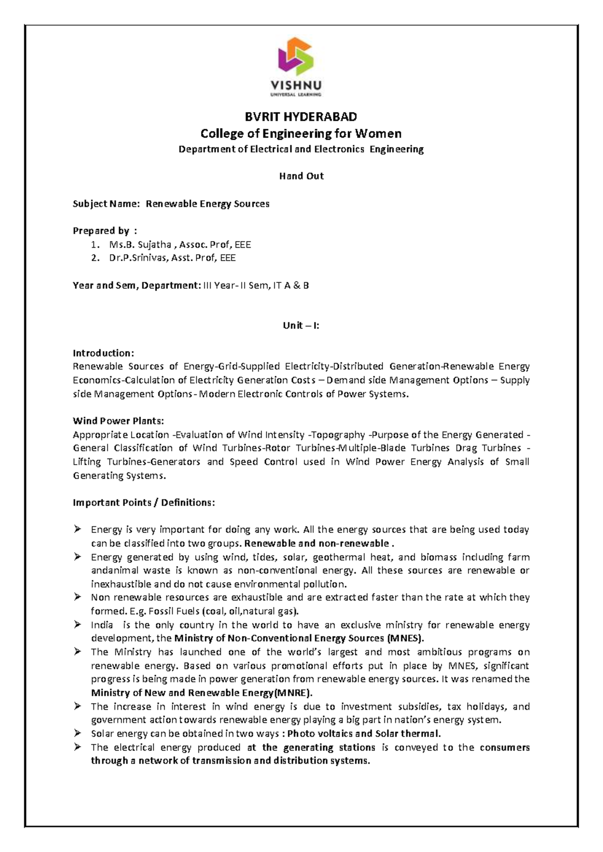 Course Hand out for UNIT-I - BVRIT HYDERABAD College of Engineering for ...
