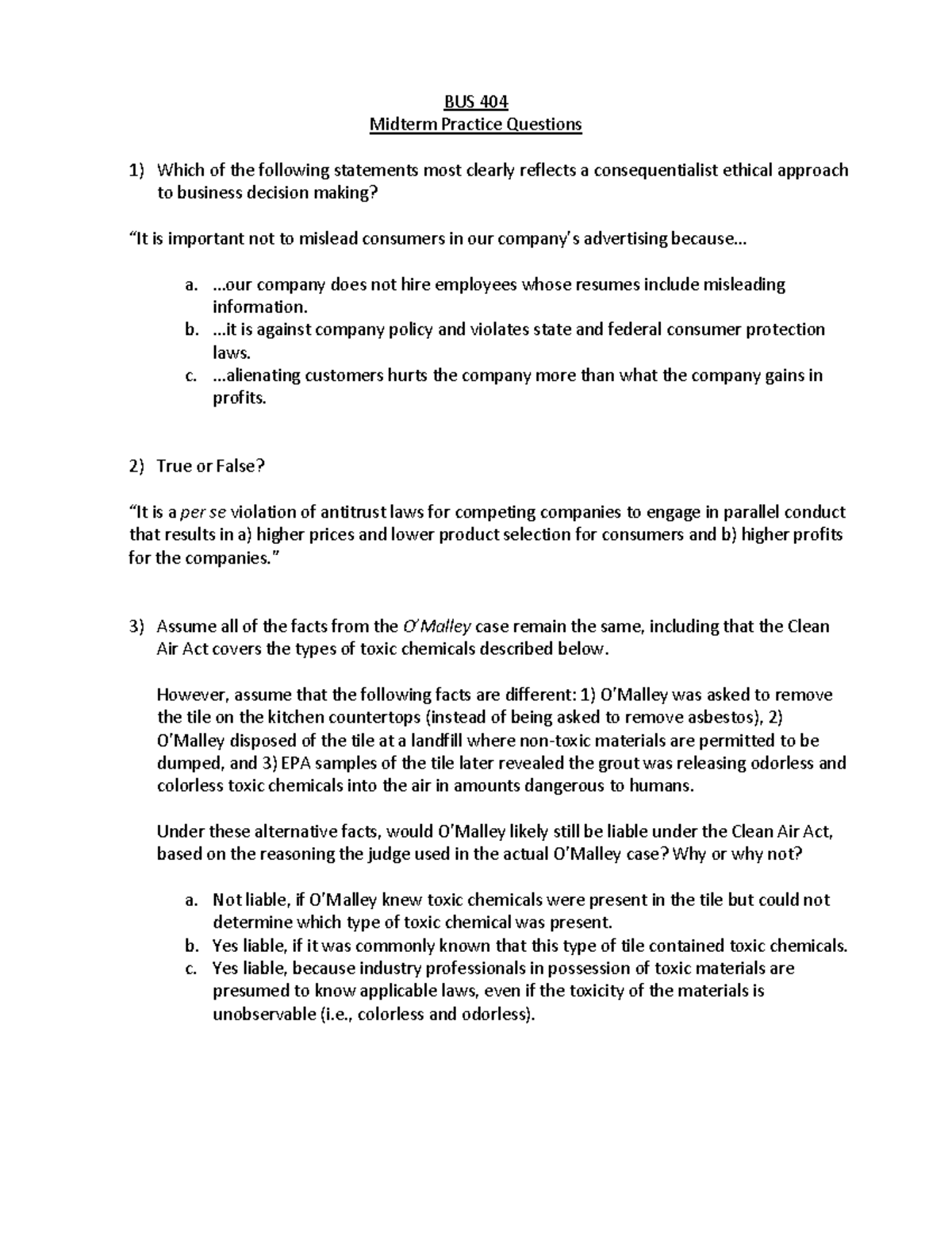 BUS 404 Midterm Practice Questions on Ethical Decision-Making - Studocu