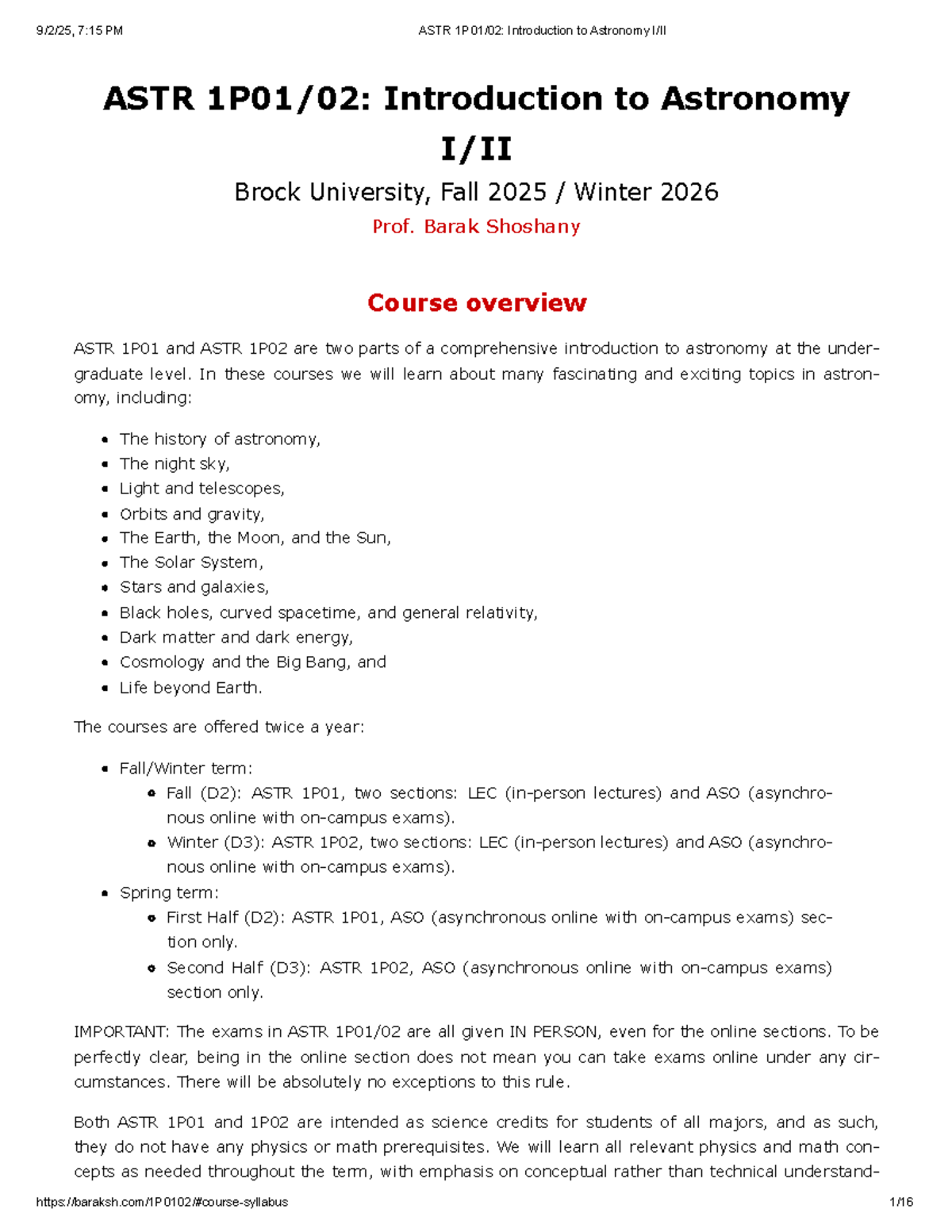ASTR 1P01/1P02 Introduction to Astronomy Course Overview and Schedule ...