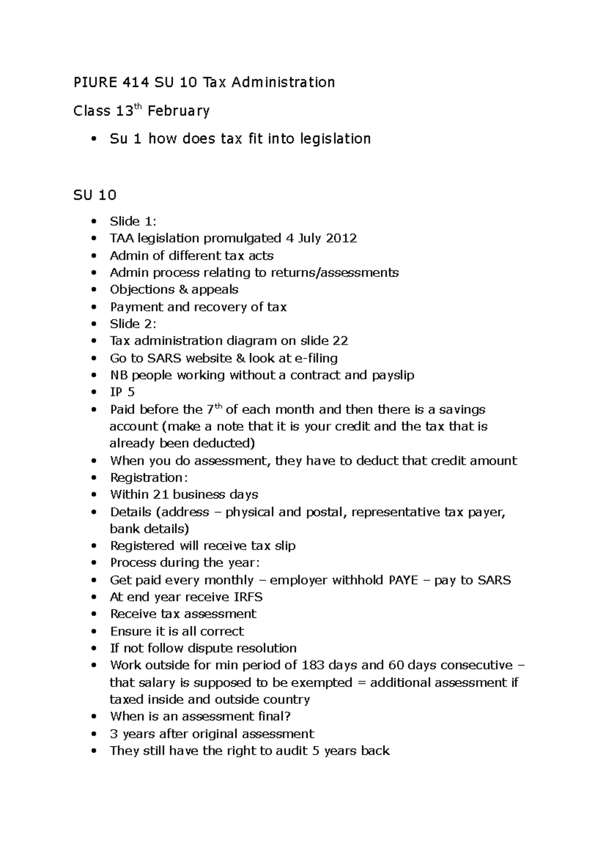 PIURE 414 SU 10 Tax Administration Class Notes - 13th Feb - Studocu