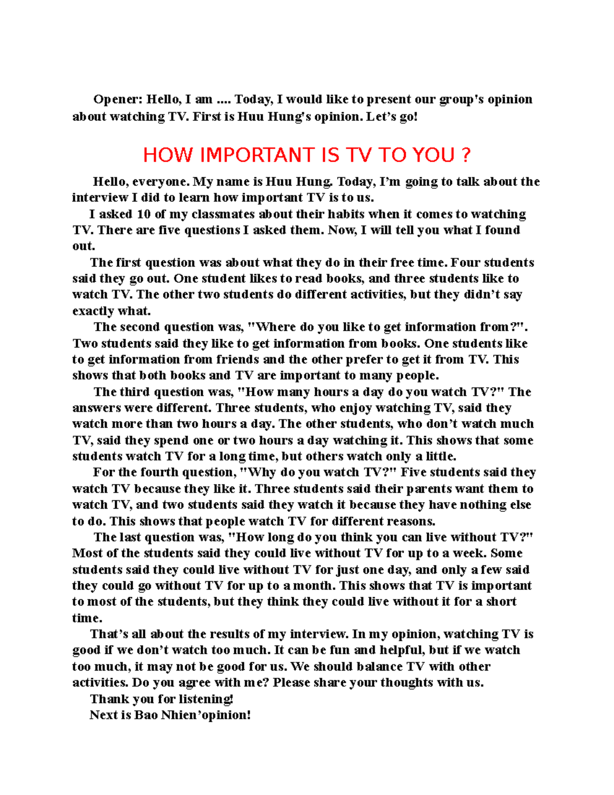 Unit 7 Project 7 - The Importance of TV in Our Lives - Studocu