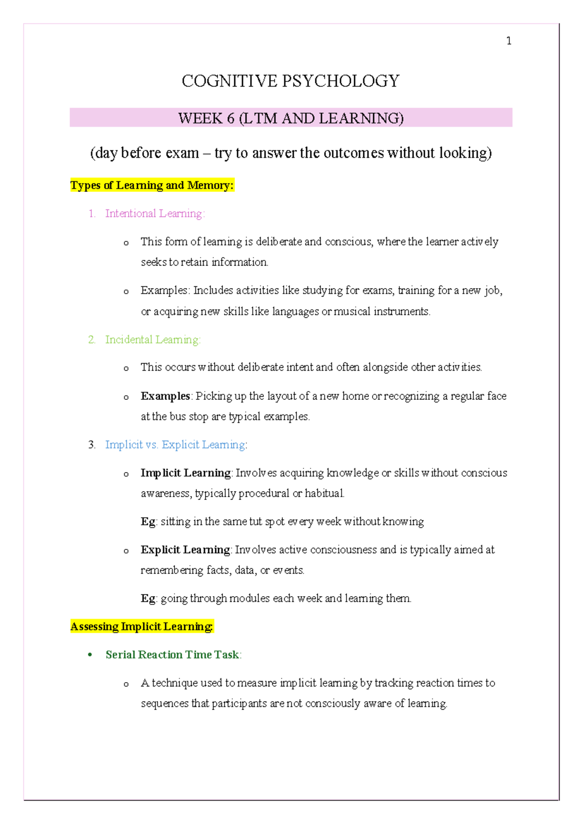 Psych 201: Week 6-12 Cognitive Psychology Notes on LTM and Learning ...
