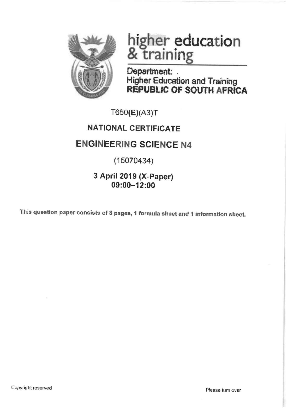 Engineering Science N4 April 2021 Memo NATIONAL CERTIFICATE 