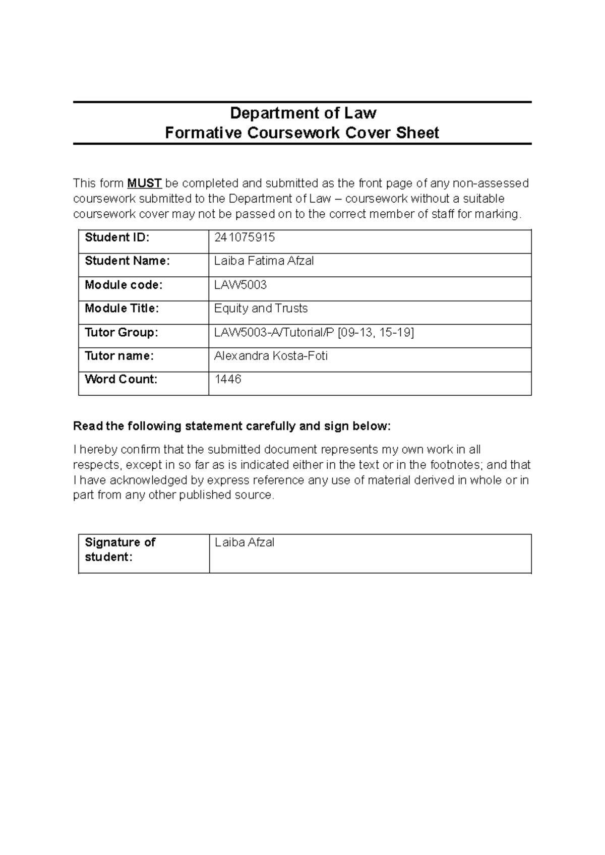 LAW5003 Equity and Trusts Formative Coursework Cover Sheet - Studocu