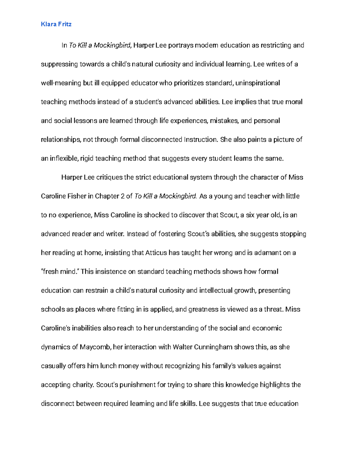 To Kill a Mockingbird (ENG 101) Chapter 2 Analysis: Education vs ...