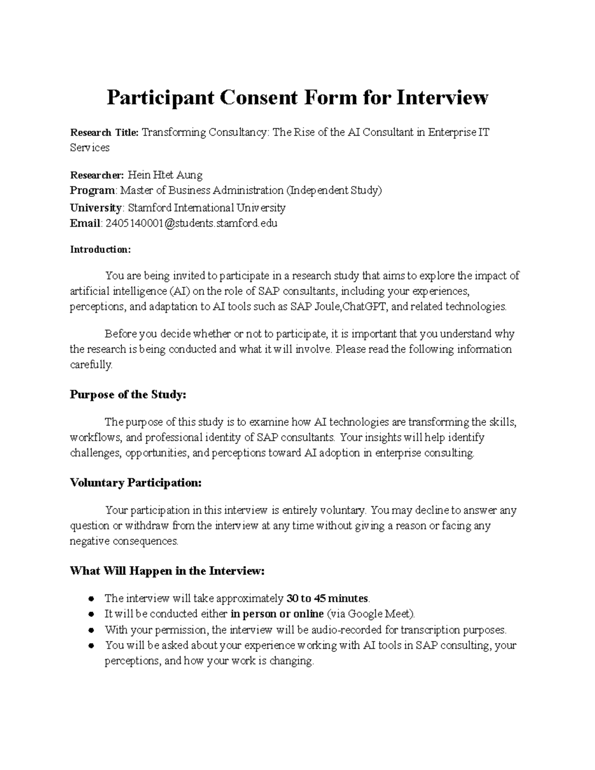 Interview Consent Form: AI Consultant Transformation in SAP - Studocu