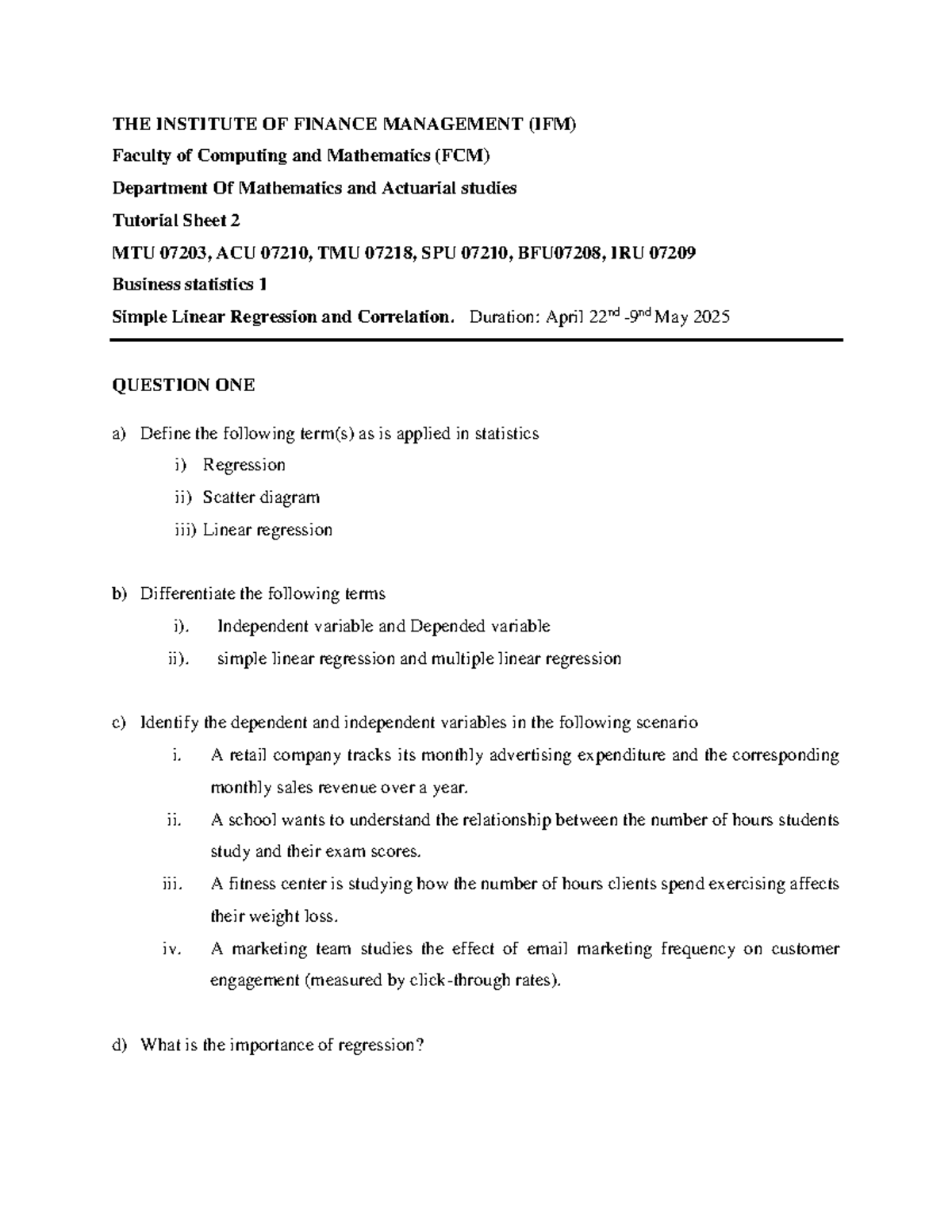 Regression Tutorial Sheet 2: Business Statistics 1 (MTU 07203, ACU ...