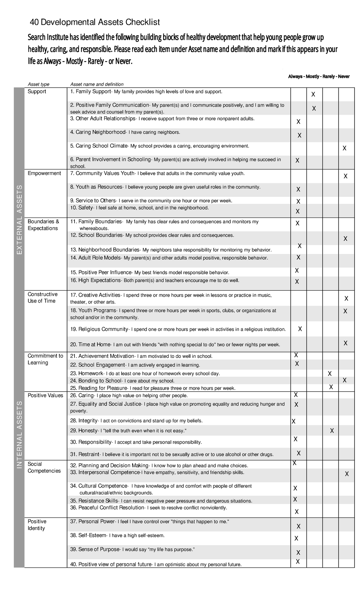 40 Developmental Assets Assessment Quiz - Studocu