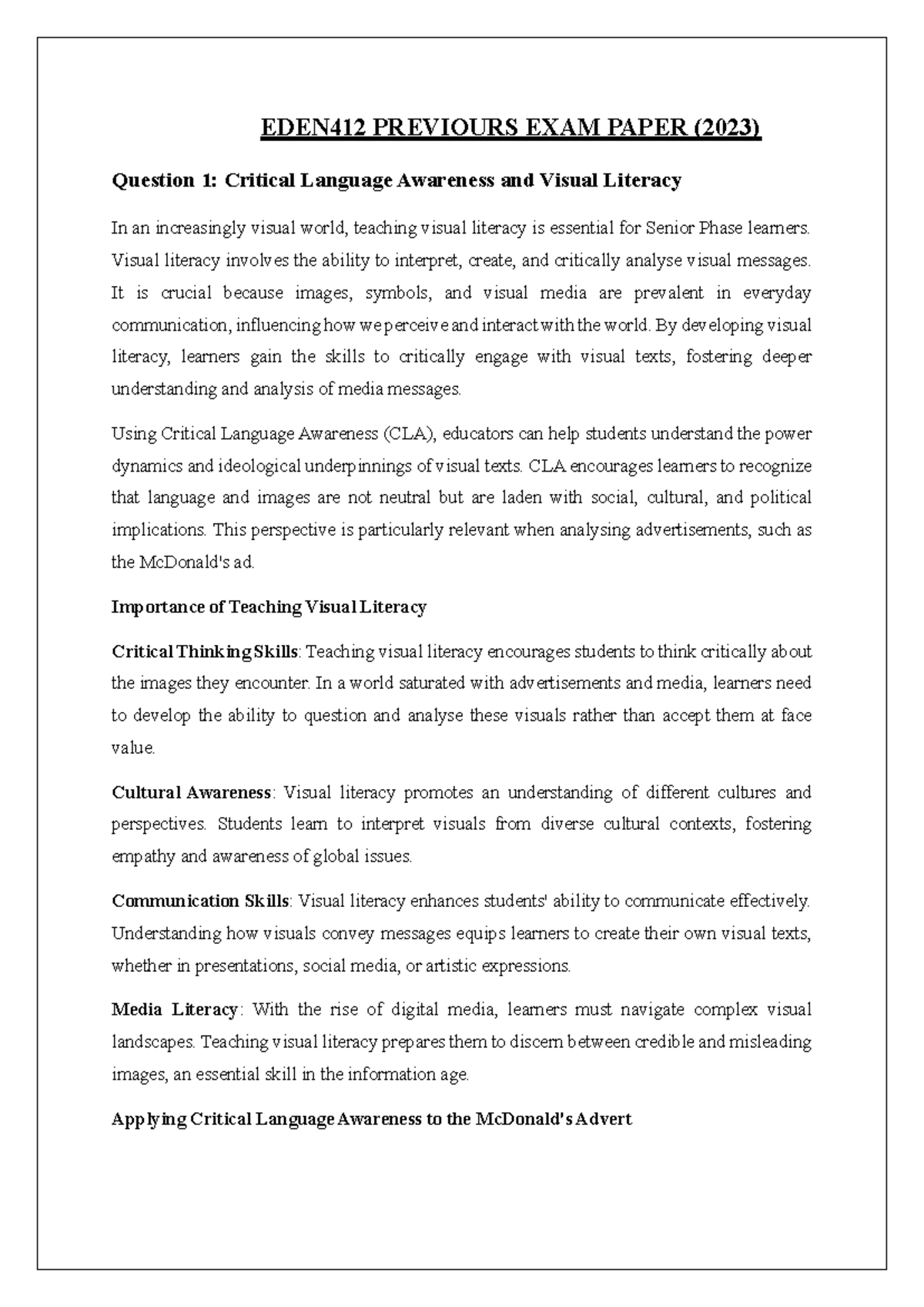 EDEN412 Previous Exam Paper (2023): Visual Literacy & CLA Insights ...