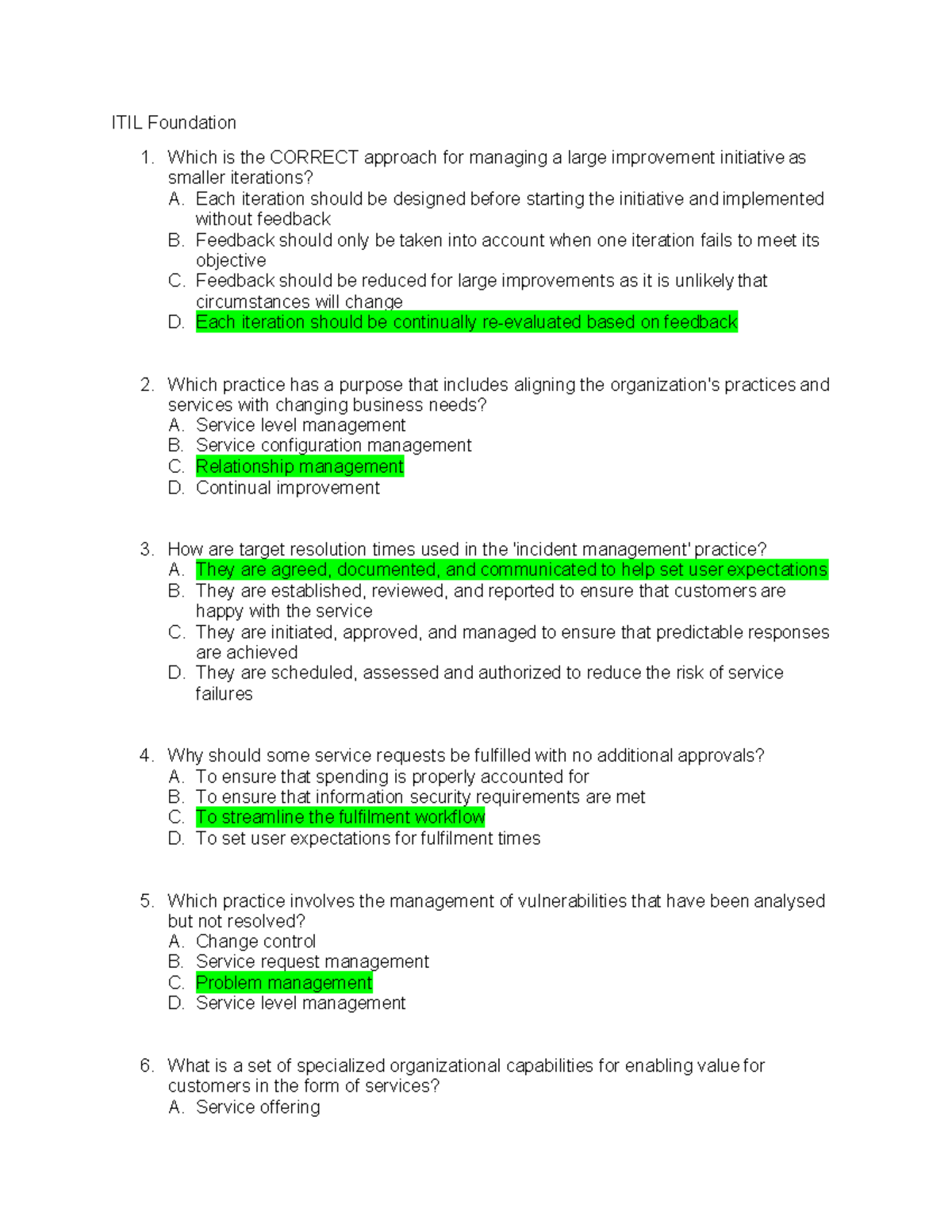 ITIL 4 Foundation Question Bank 1 - Update 3 - Studocu