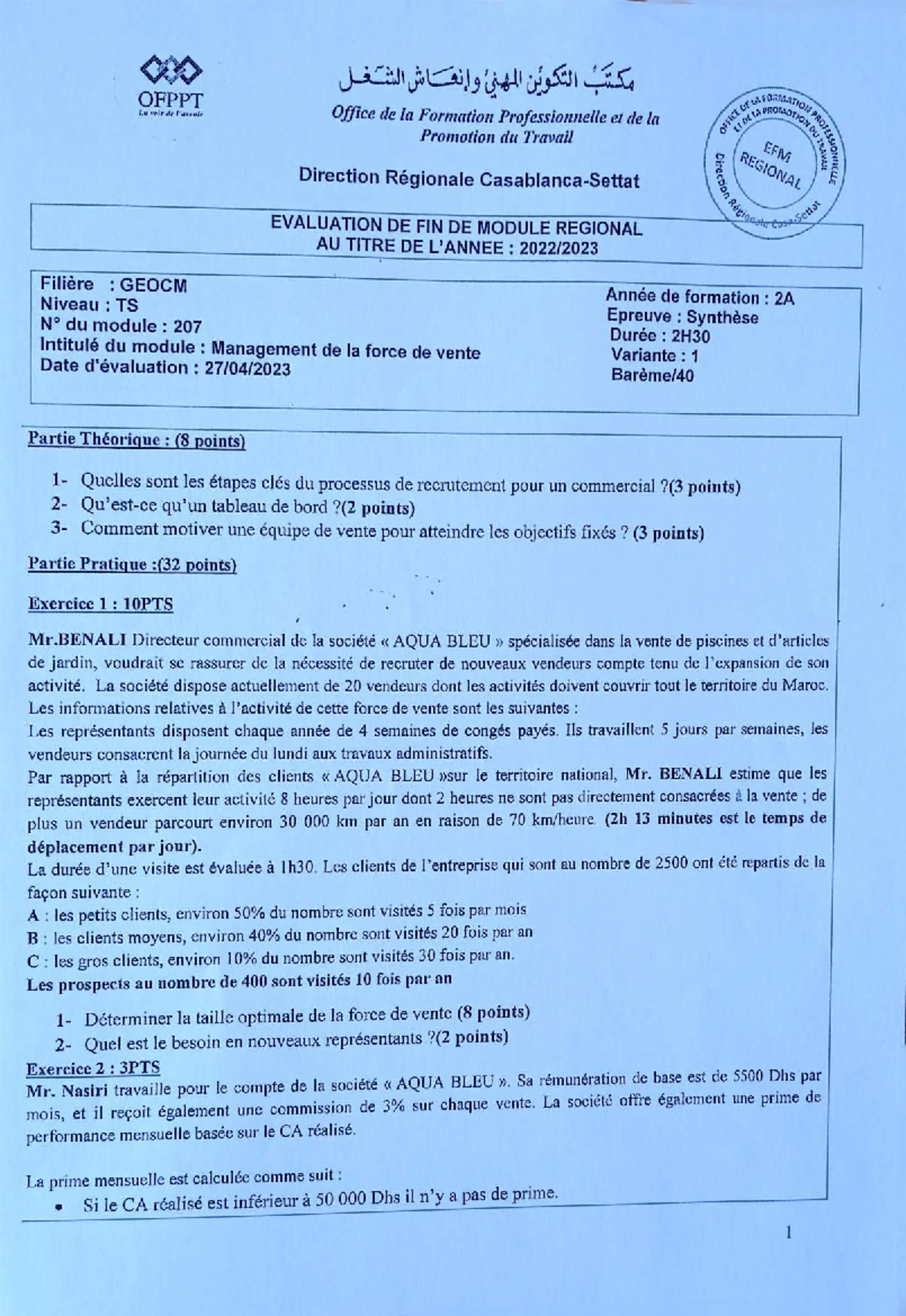Évaluation de Fin de Module - Management de la Force de Vente (OFPPT ...