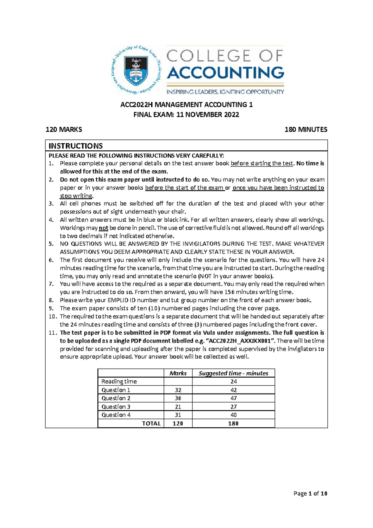 ACC2022H Final Exam Instructions and Questions: Management Accounting ...