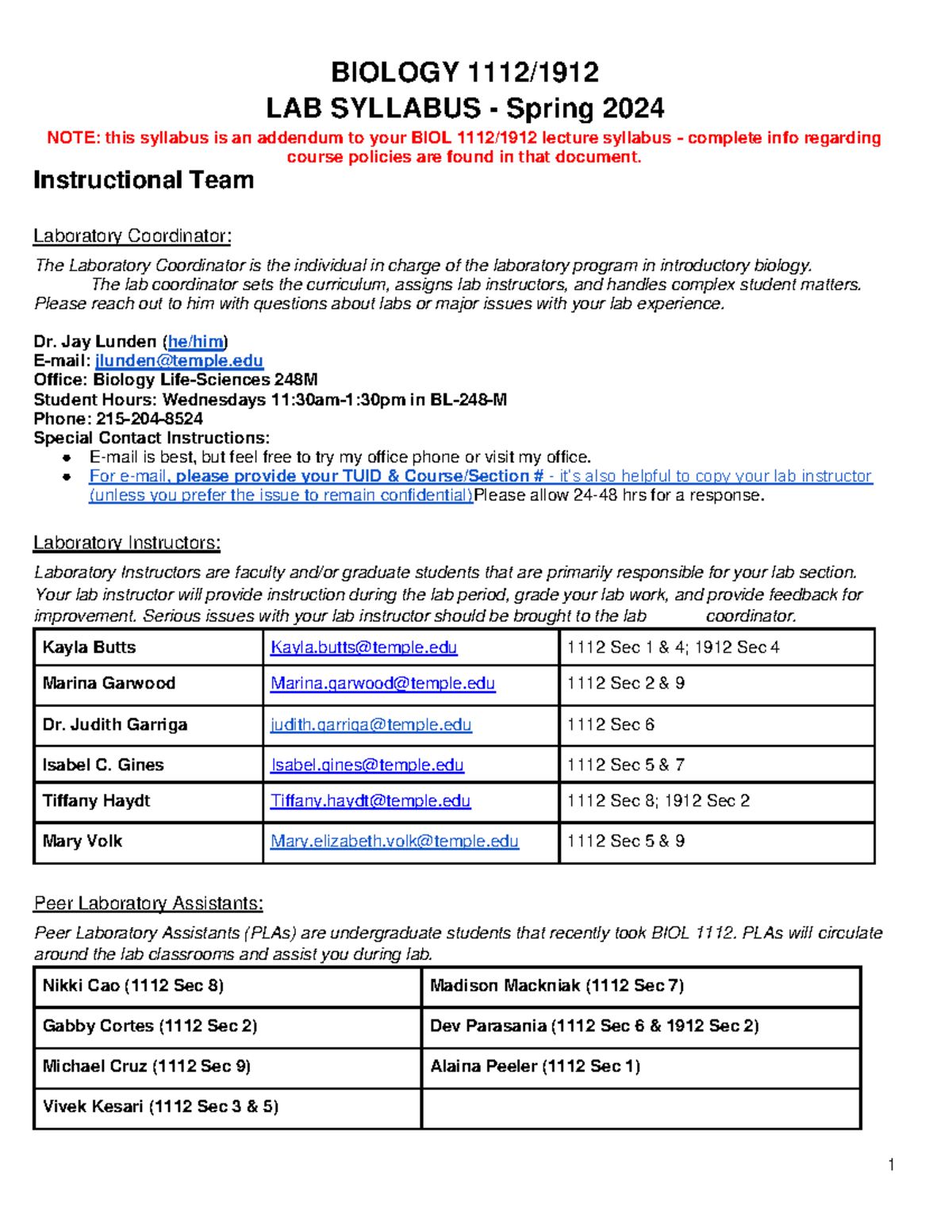 BIOL 1112 Lab Syllabus - Spring 2024: Course Info & Guidelines - Studocu