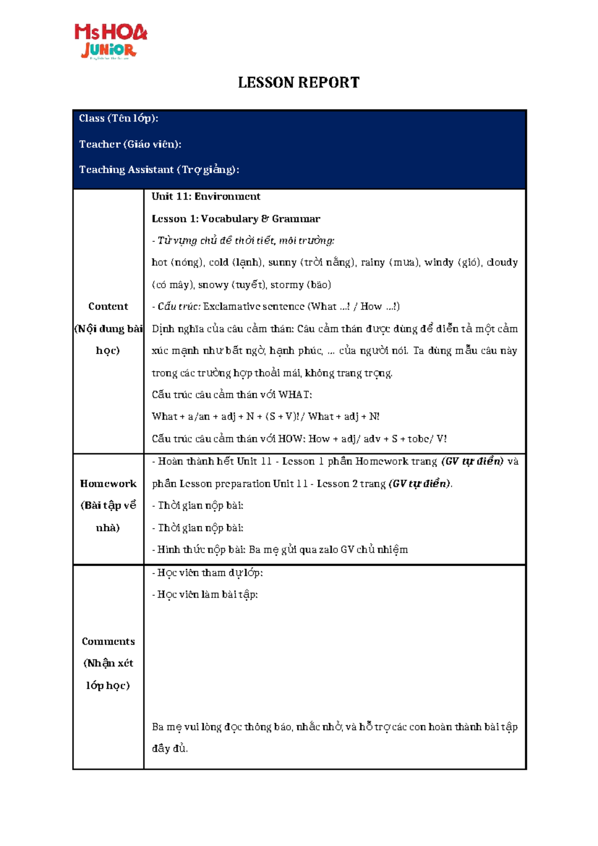 Lesson Report - U11-L1: Vocabulary & Grammar on Environment - Studocu