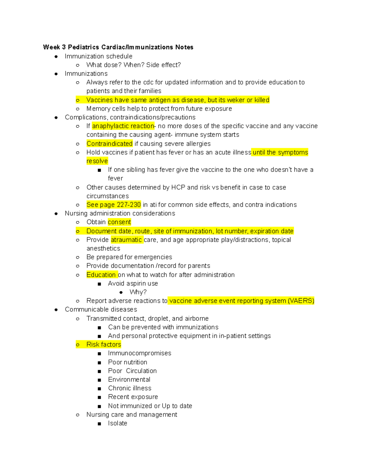 Week 3 N307 PEDS: Cardiac & Immunization Notes - Studocu