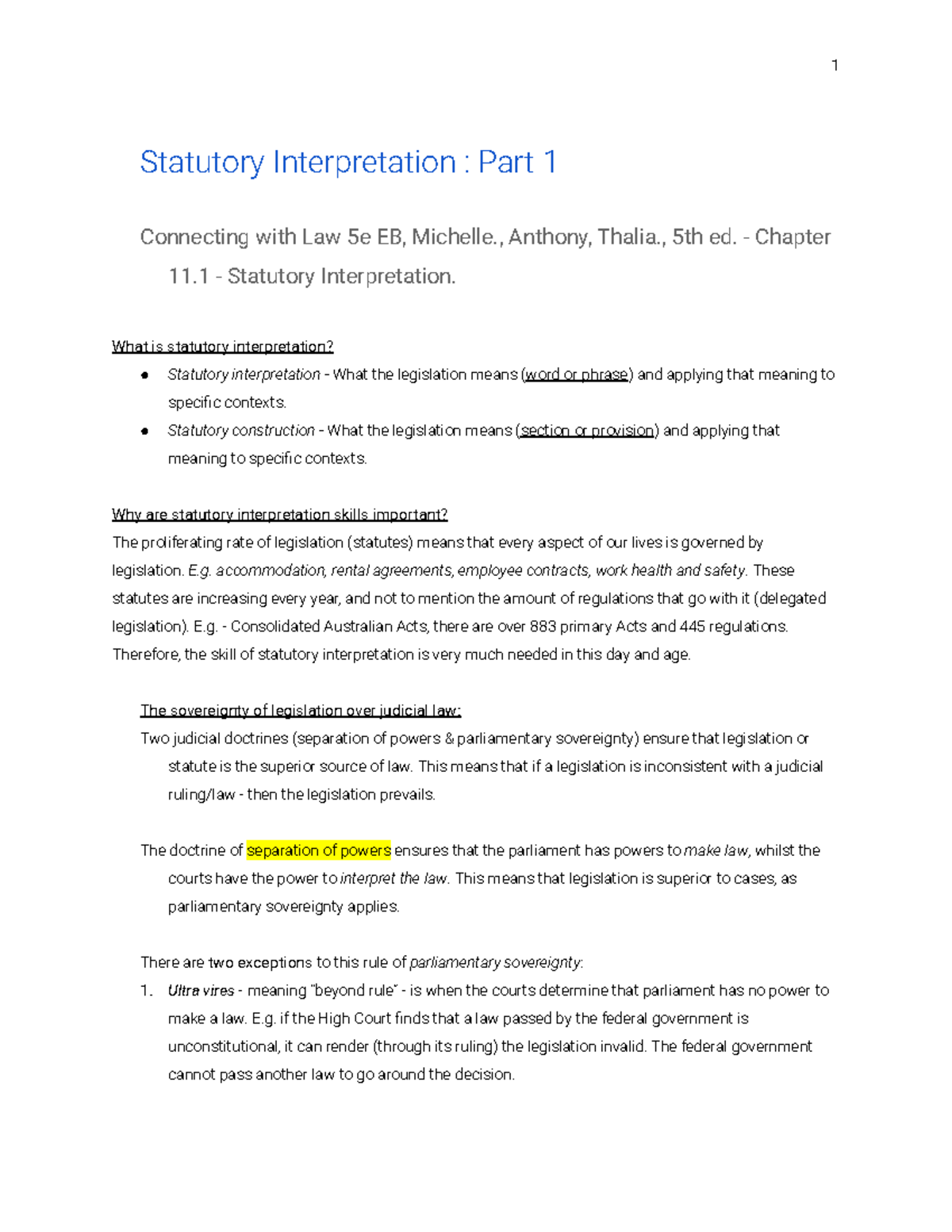 Study notes Statutory Interpretation - Statutory Interpretation : Part ...