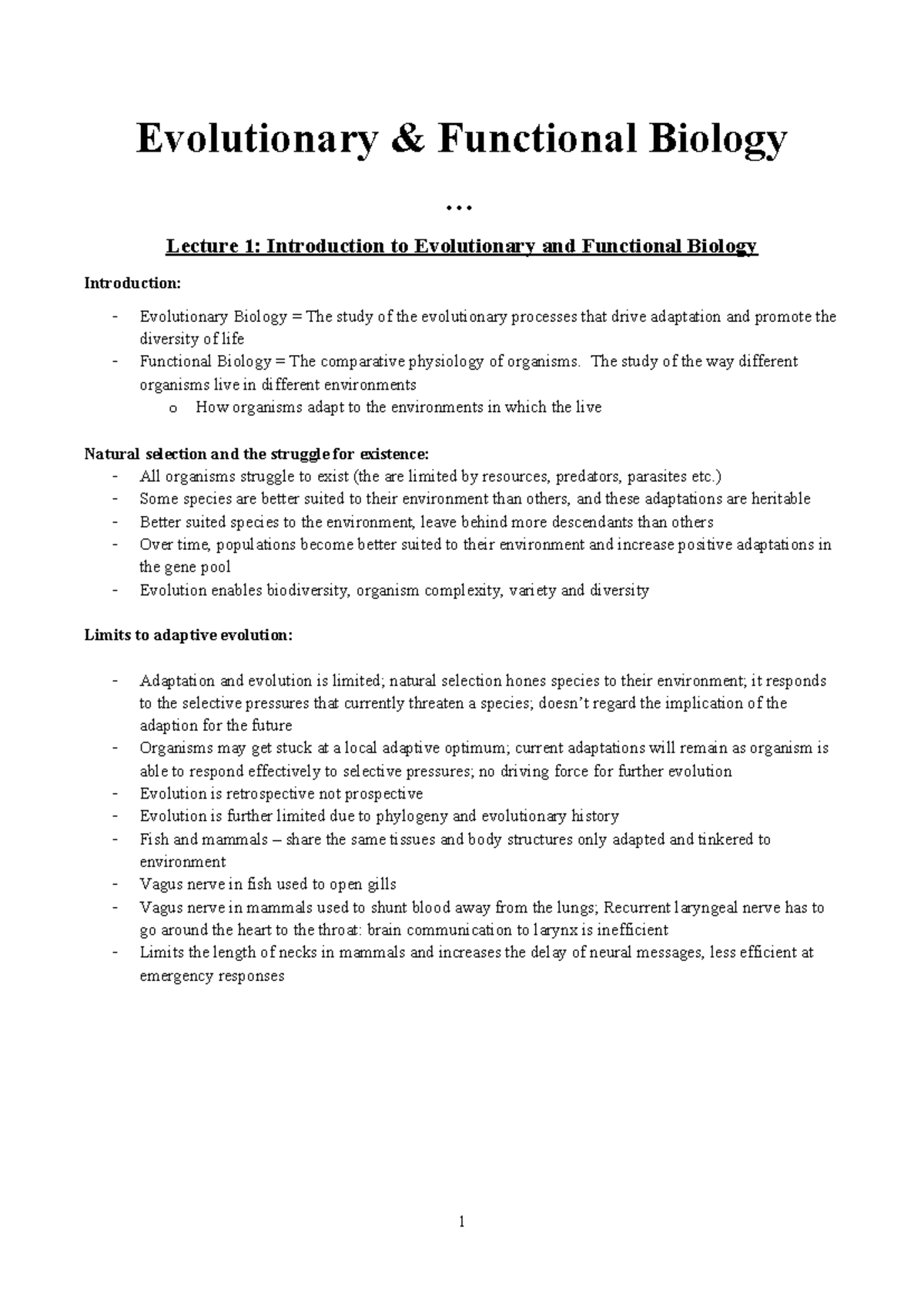 Evolutionary and Functional Biology - .. Lecture 1: Introduction to ...
