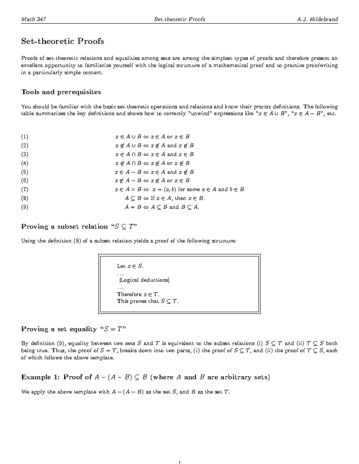 Math 347 Set-Theoretic Proofs: Concepts and Examples for Mastery - Studocu