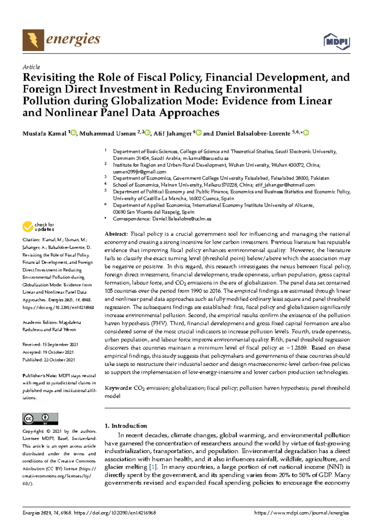 Energies 14 06968 v3 - Fiscal Policy, FDI, and Environmental Pollution ...