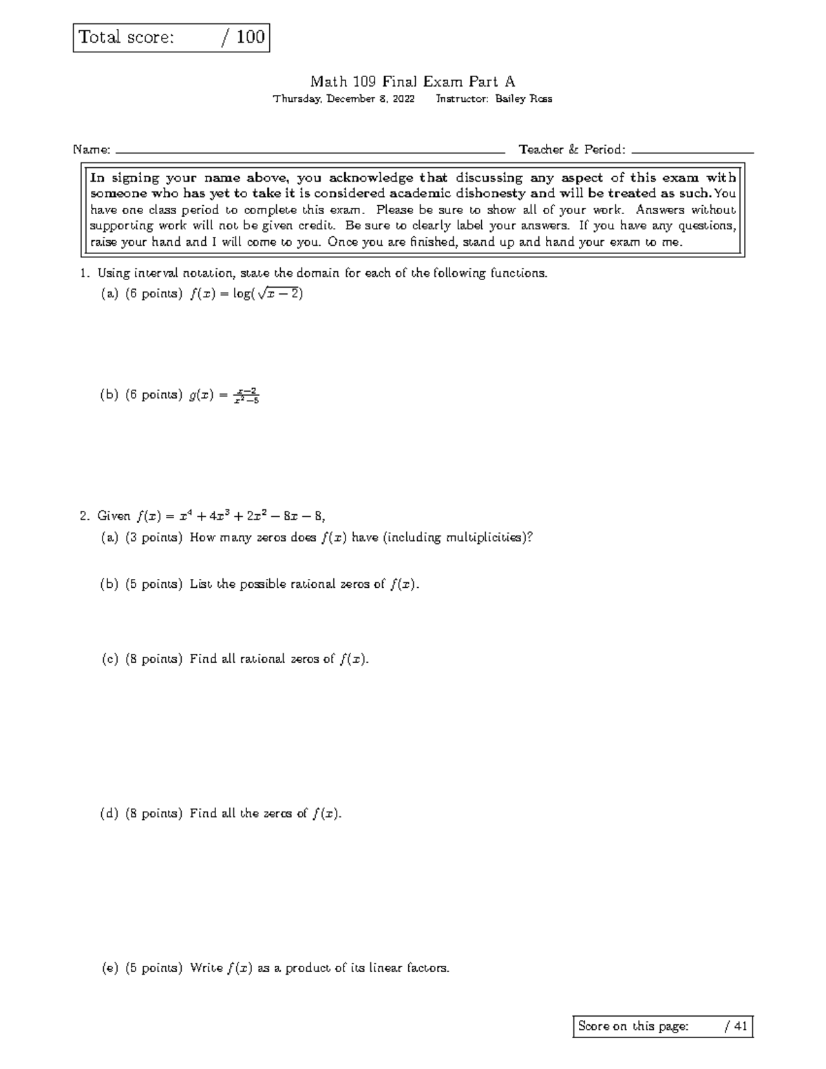 Math 109 Final Exam Part A - December 2022 - Studocu