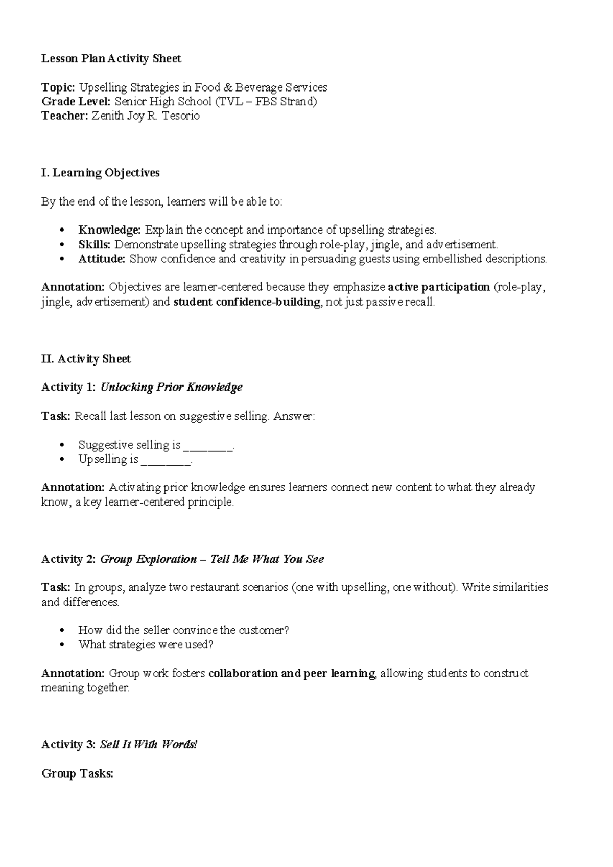 TVL FBS Lesson Plan: Upselling Strategies & Remediation Report - Studocu