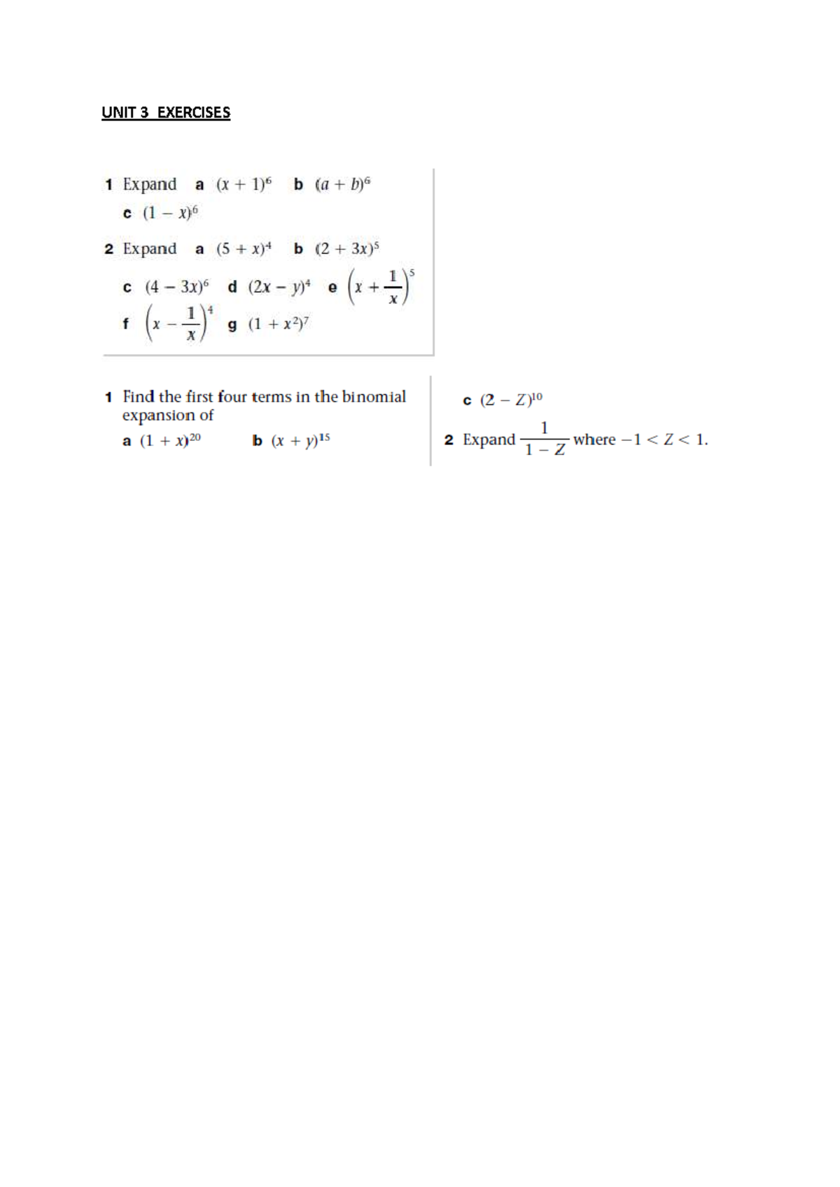 UNIT 3 Exercises - Binomial Theorem Expansion - Studocu