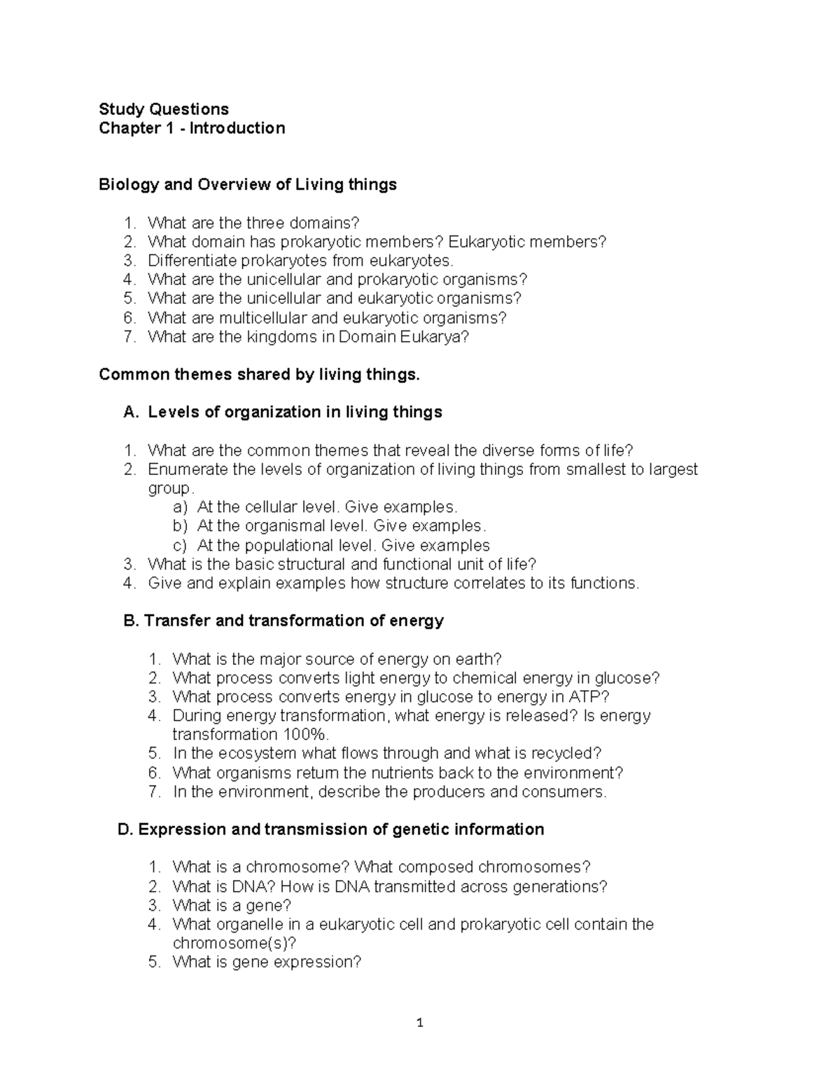 Biology Study Questions: Chapter 1 Overview (BIO101) - Studocu