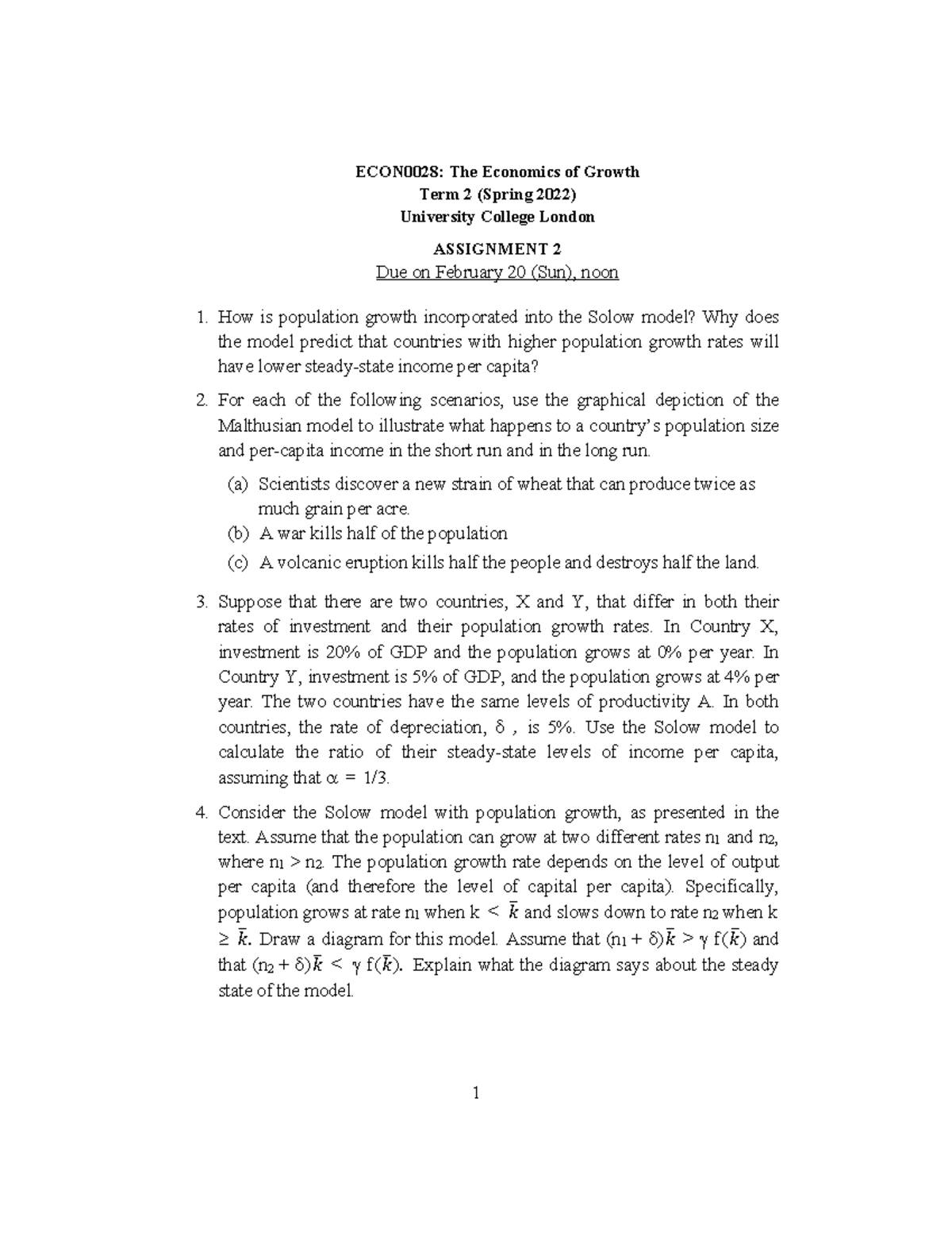 Assignment 2: The Economics of Growth - ECON0028 Term 2 2022 - Studocu
