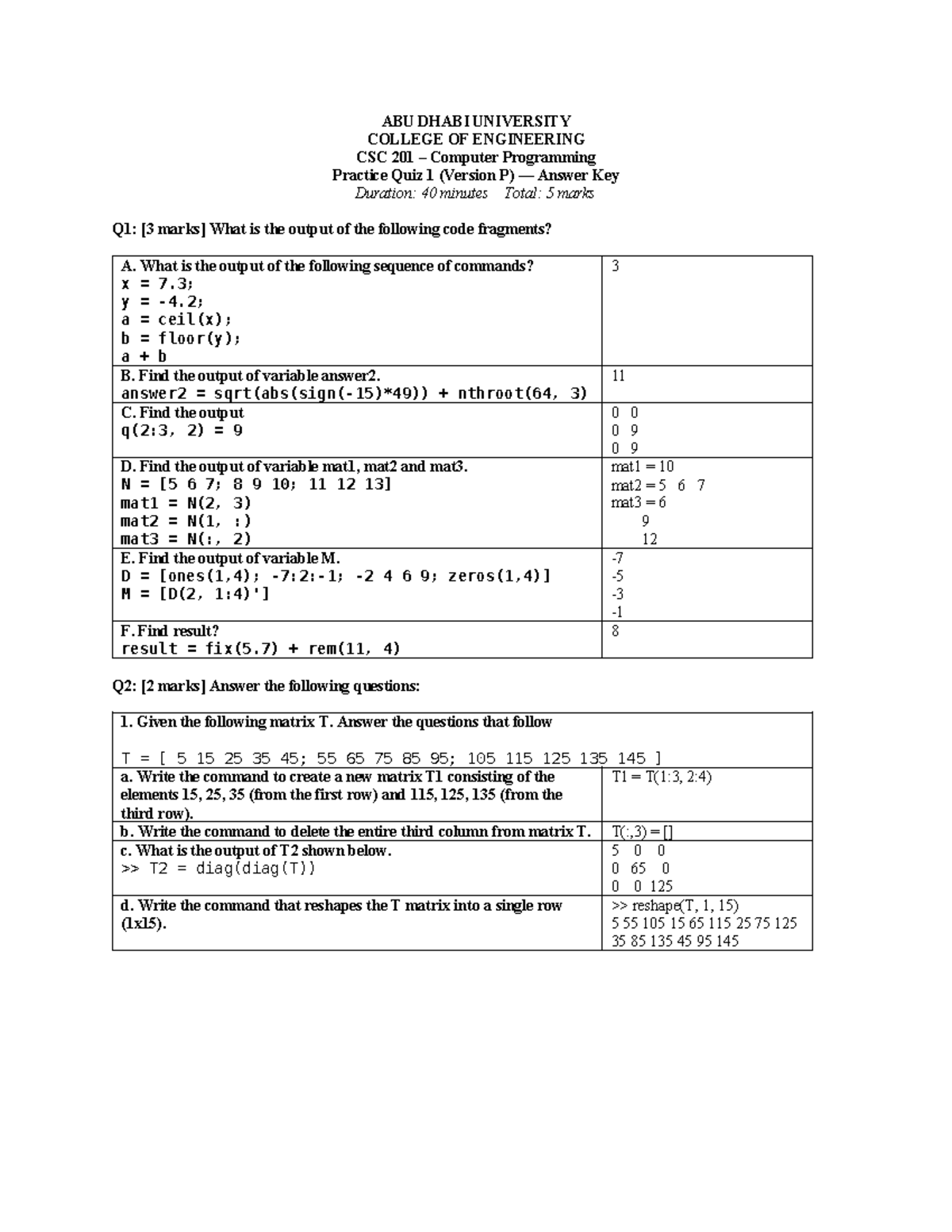 CSC 201 Computer Programming Practice Quiz 1 Answer Key - Studocu