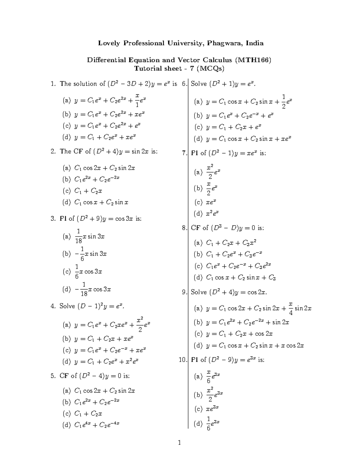 Differential Equations & Vector Calculus (MTH166) Tutorial Sheet 7 ...