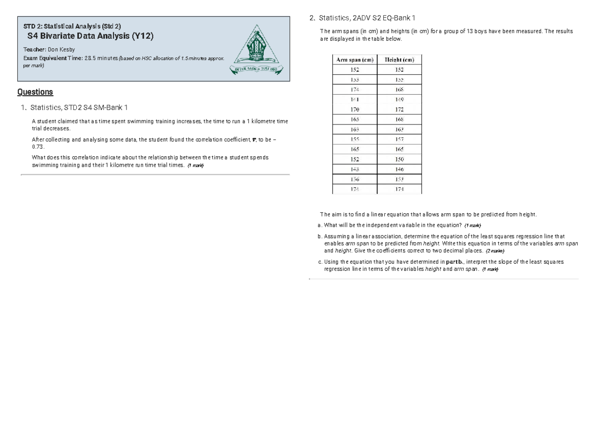 Bivariate Data Analysis Quiz 2 - Statistics STD2 S4 - Studocu