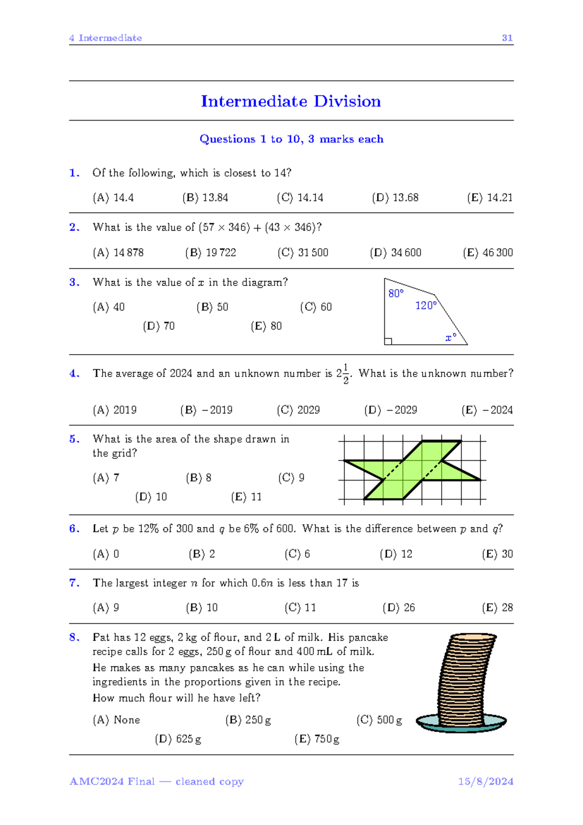 AMC2024 Intermediate Division Questions 1-30 with Solutions - Studocu