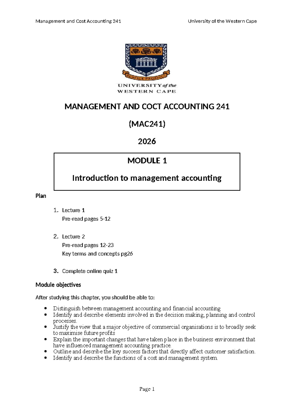 MAC241: Intro to Management Accounting Lecture Notes - Studocu