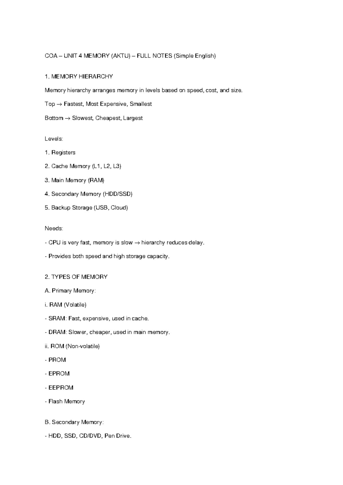 COA UNIT 4 MEMORY HIERARCHY & TYPES - FULL NOTES (AKTU) - Studocu
