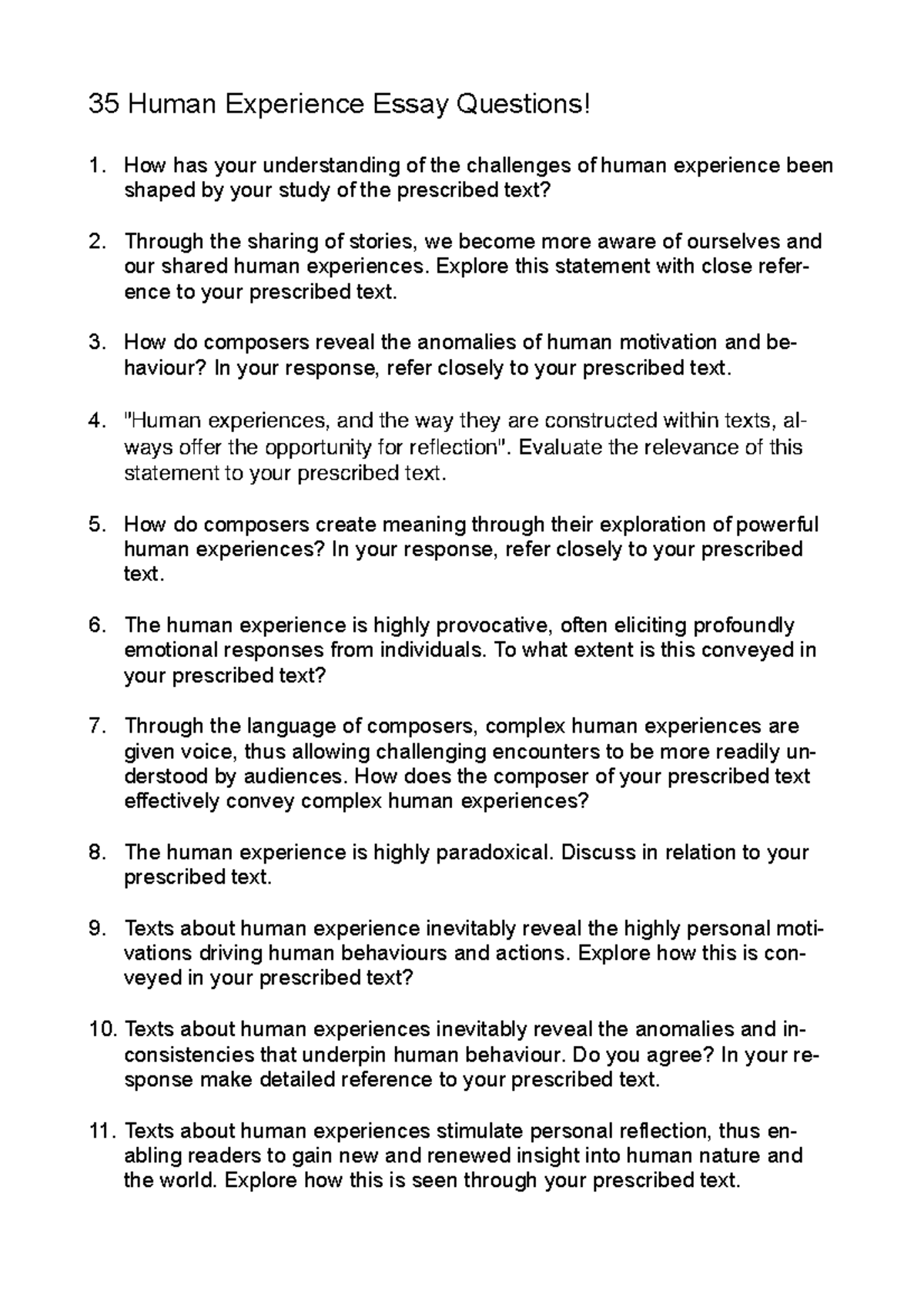 35 Human Experience Essay Questions for Analysis - Studocu