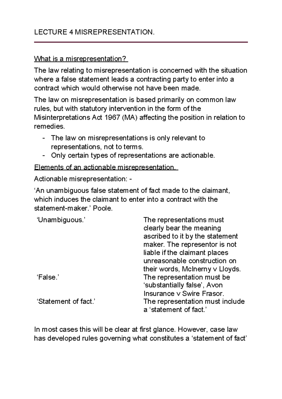 Lecture 4 Misrepresentation - LECTURE 4 MISREPRESENTATION. What is a ...