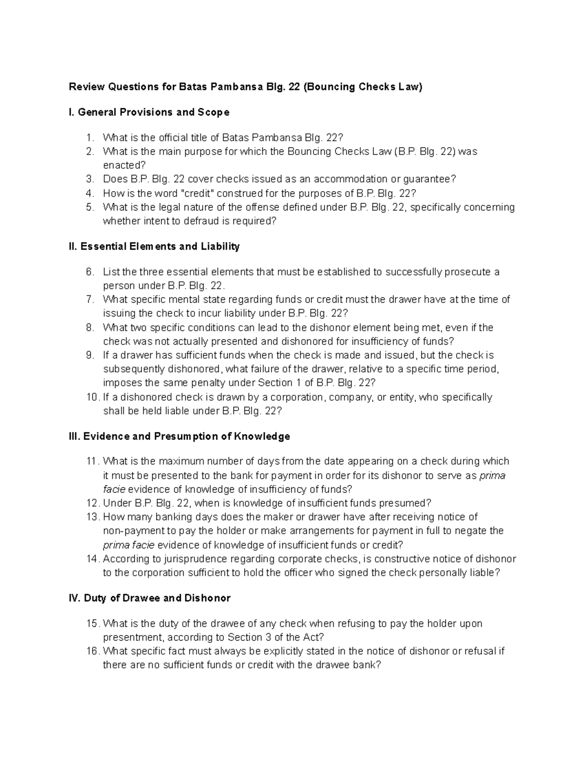 Review Questions on Batas Pambansa Blg. 22 (Bouncing Checks Law) - Studocu