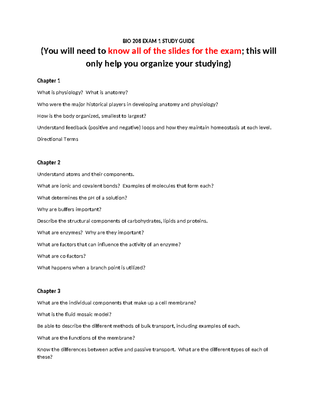BIO 208 Exam 1 Study Guide: Key Concepts in Anatomy & Physiology - Studocu