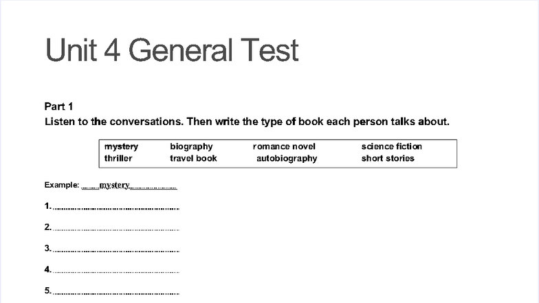 Unit 4 General Test: Listening & Book Types Analysis - Studocu
