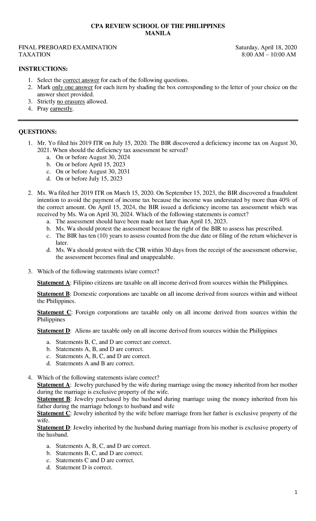 Taxation Final Preboard - CPA REVIEW SCHOOL OF THE PHILIPPINES MANILA ...