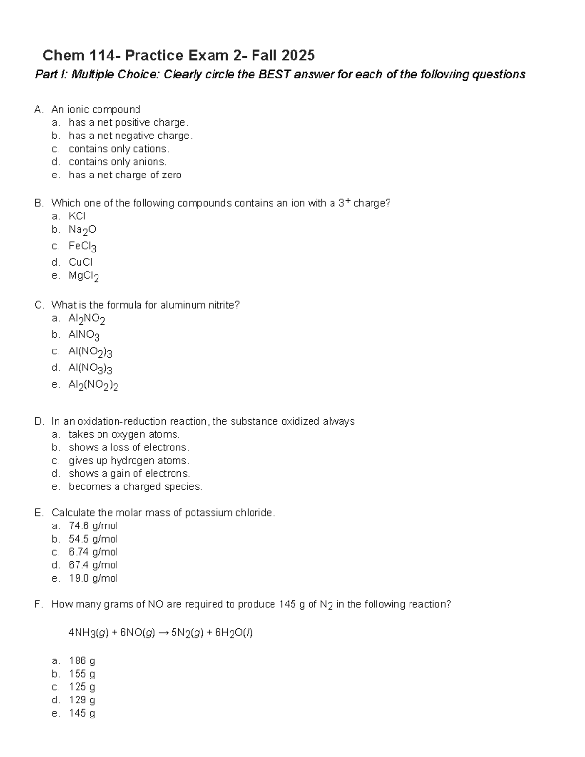 Chem 114 - Practice Exam 2 - Fall 2025: Comprehensive Review Questions ...