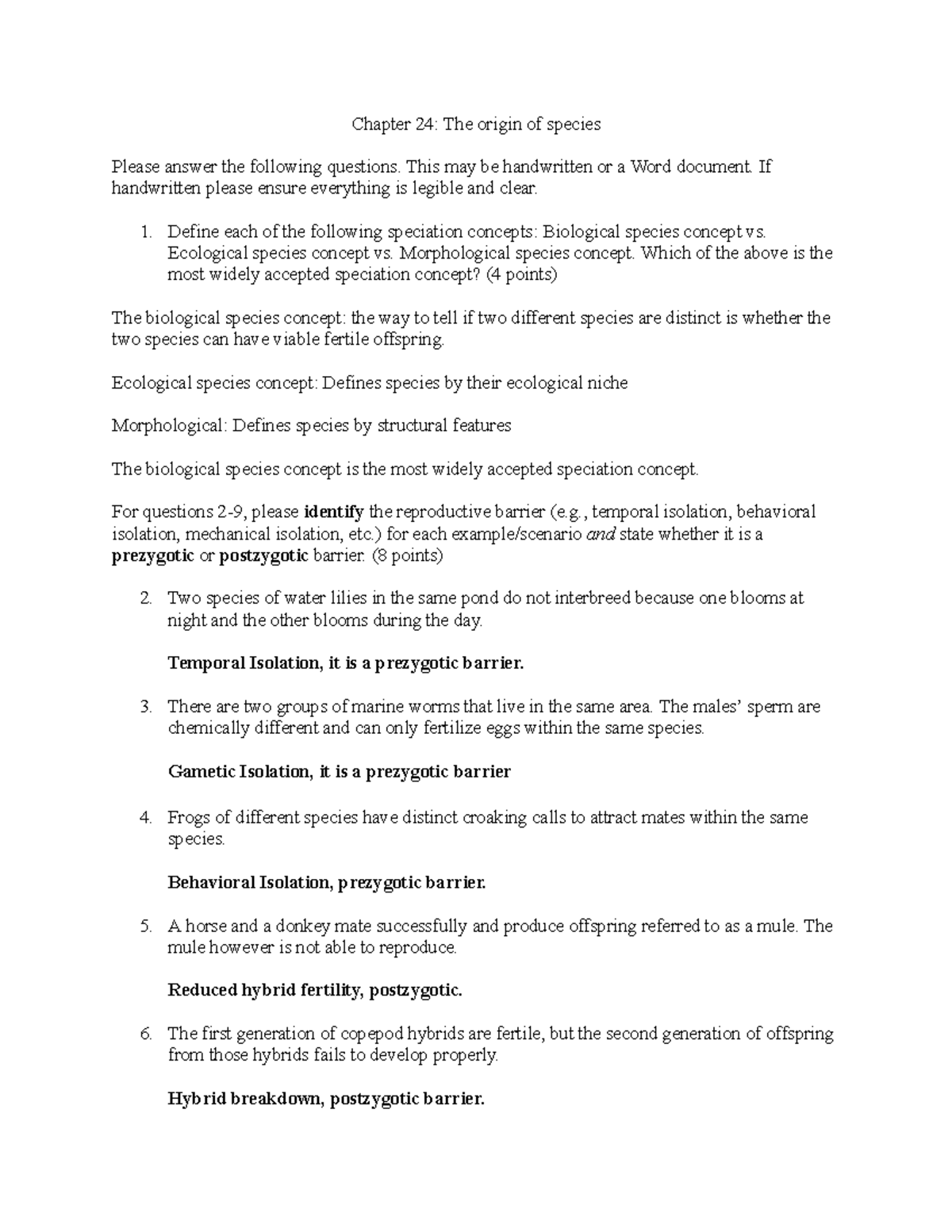 1620 HW: Chapter 24 - Speciation Concepts and Reproductive Barriers ...