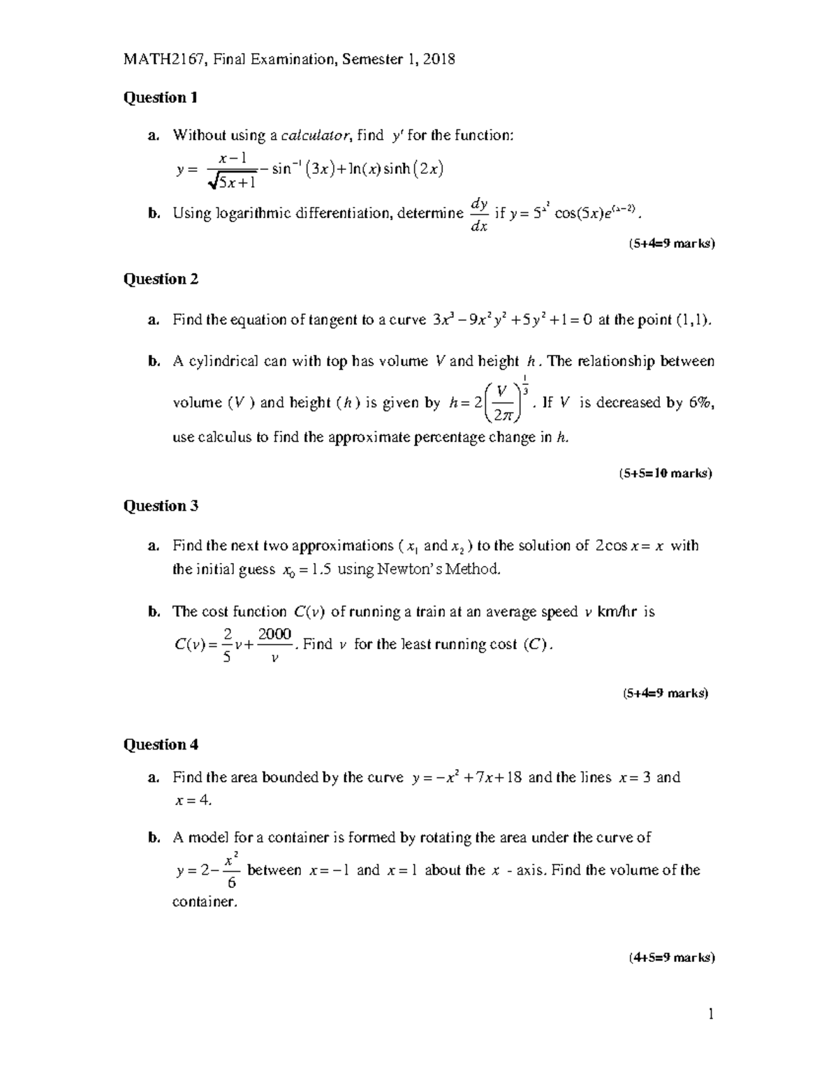 MATH2167, Final Exam Questions & Answers, Semester 1, 2018 - Studocu